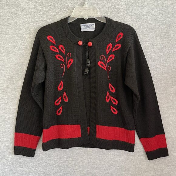 Bolivia Alpaca Wool Boho Open Cardigan Sweater Size S Black Red Artsy Embroidery - Picture 6 of 15
